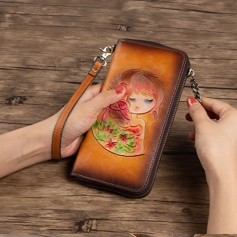 Womens Coffee Leather Zip Around Wallets Singing Girl Wristlet Wallets Flower Ladies Zipper Clutch Wallet for Women