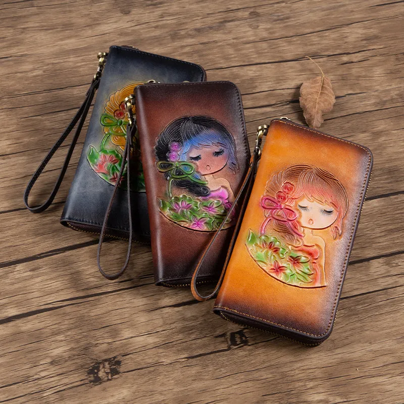 Womens Coffee Leather Zip Around Wallets Singing Girl Wristlet Wallets Flower Ladies Zipper Clutch Wallet for Women