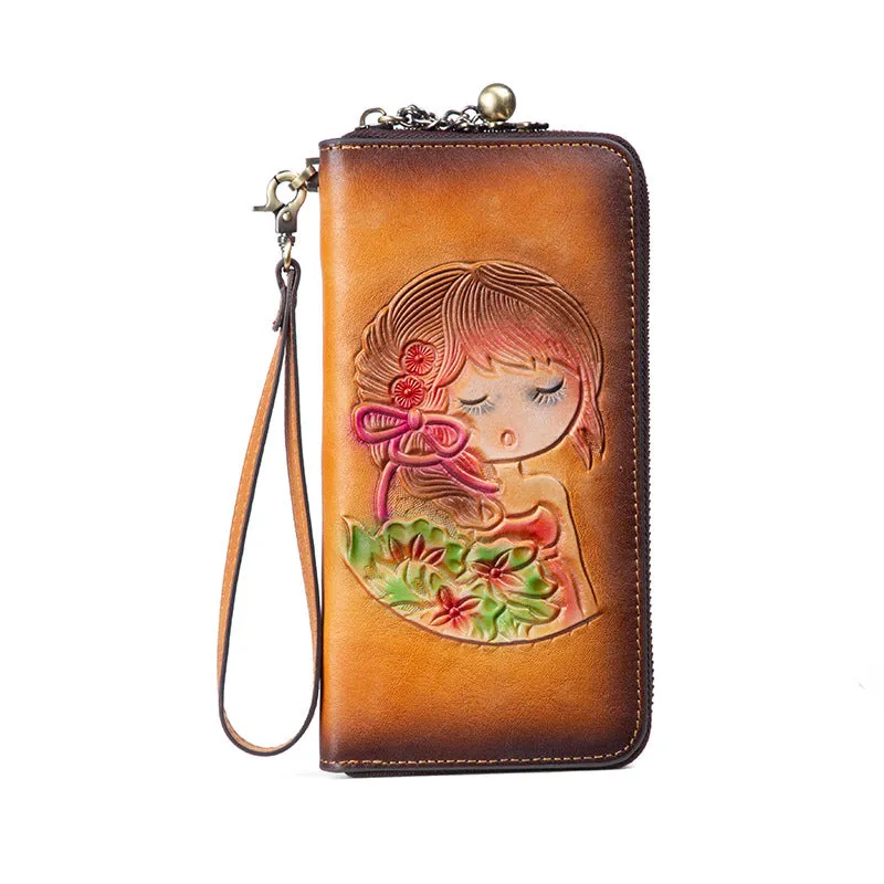 Womens Coffee Leather Zip Around Wallets Singing Girl Wristlet Wallets Flower Ladies Zipper Clutch Wallet for Women