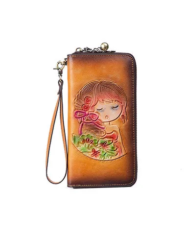 Womens Coffee Leather Zip Around Wallets Singing Girl Wristlet Wallets Flower Ladies Zipper Clutch Wallet for Women