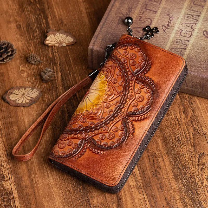 Womens Floral Green Leather Wristlet Wallet Flower Zip Around Wallets Floral Ladies Zipper Clutch Wallets for Women
