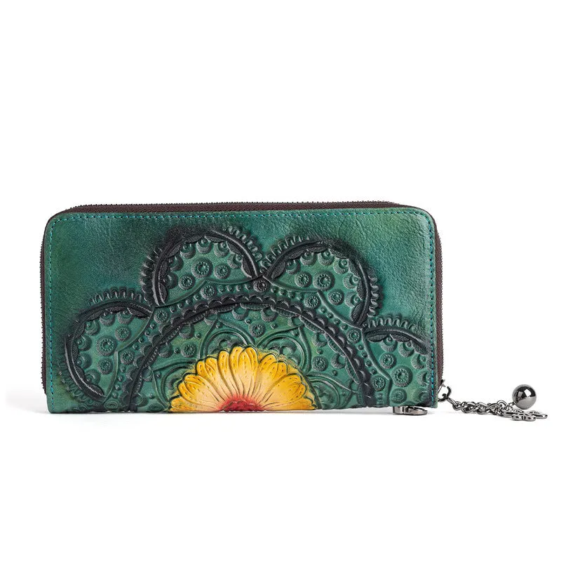 Womens Floral Red Leather Wristlet Wallet Flower Zip Around Wallets Floral Ladies Zipper Clutch Wallets for Women
