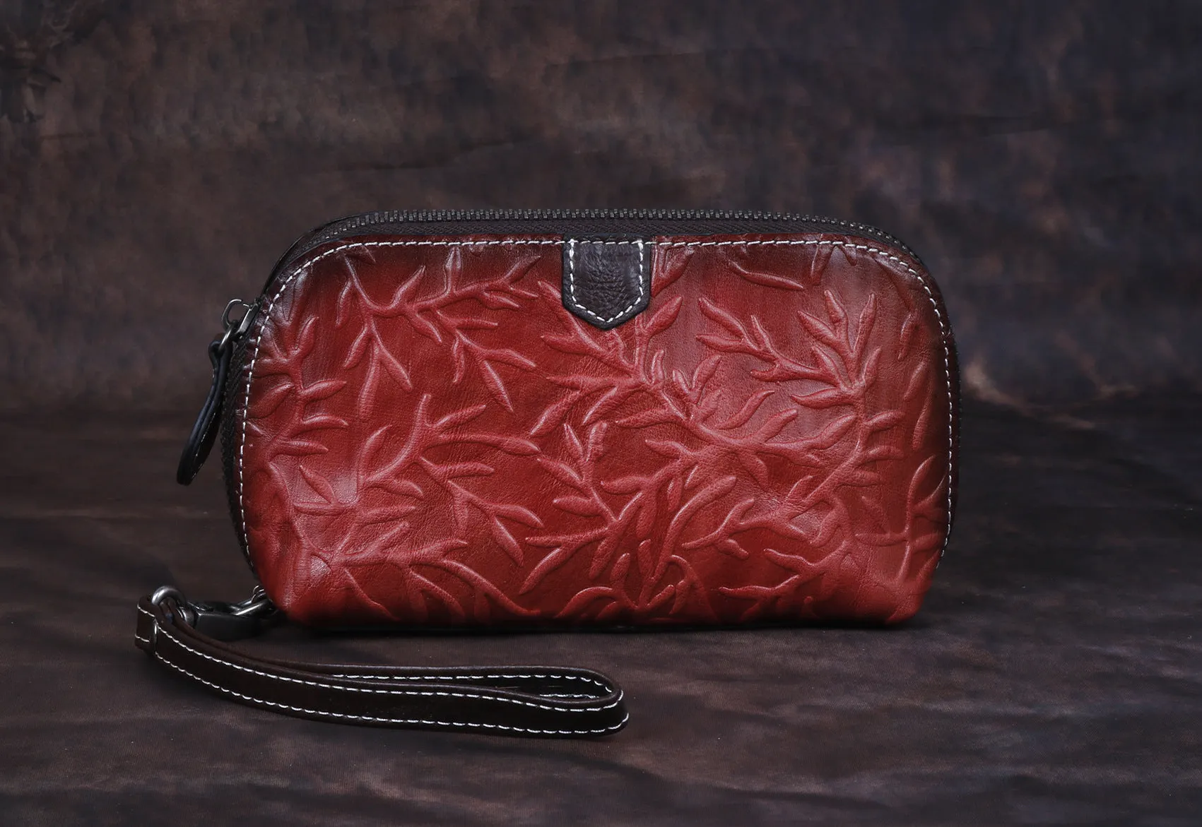 Womens Floral Red Leather Zip Around Wallets Wristlet Wallet Floral Ladies Zipper Clutch Wallet for Women
