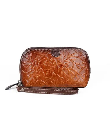 Womens Floral Red Leather Zip Around Wallets Wristlet Wallet Floral Ladies Zipper Clutch Wallet for Women
