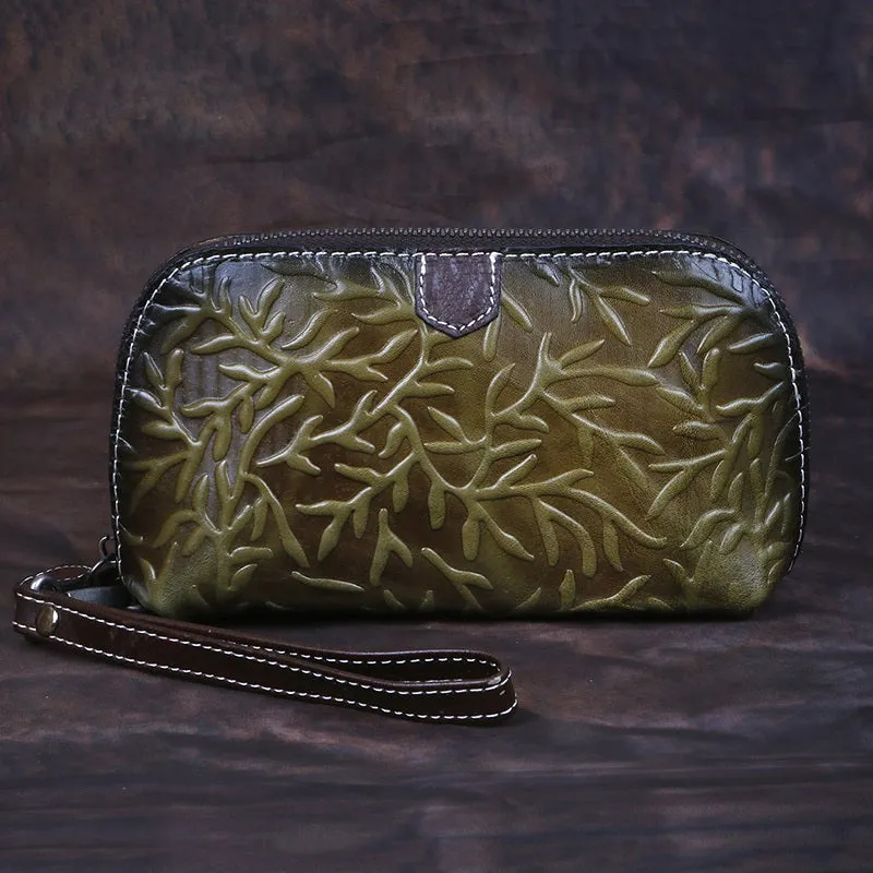 Womens Floral Red Leather Zip Around Wallets Wristlet Wallet Floral Ladies Zipper Clutch Wallet for Women