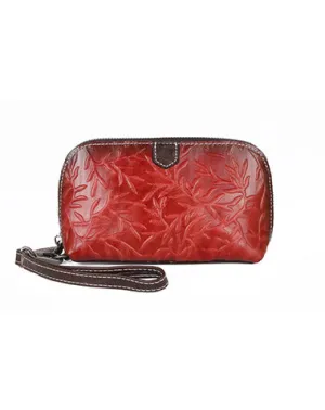 Womens Floral Red Leather Zip Around Wallets Wristlet Wallet Floral Ladies Zipper Clutch Wallet for Women