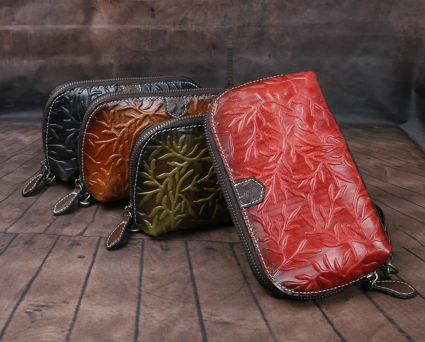 Womens Floral Red Leather Zip Around Wallets Wristlet Wallet Floral Ladies Zipper Clutch Wallet for Women