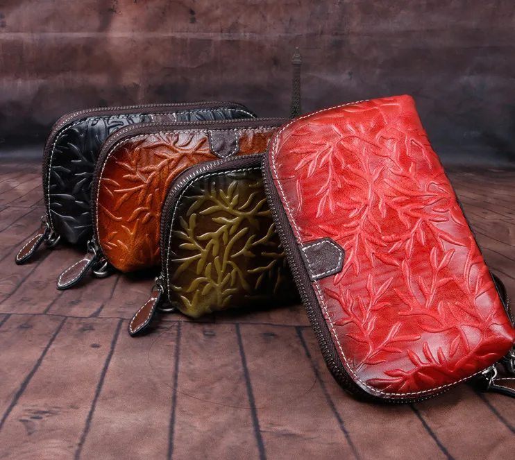 Womens Floral Red Leather Zip Around Wallets Wristlet Wallet Floral Ladies Zipper Clutch Wallet for Women