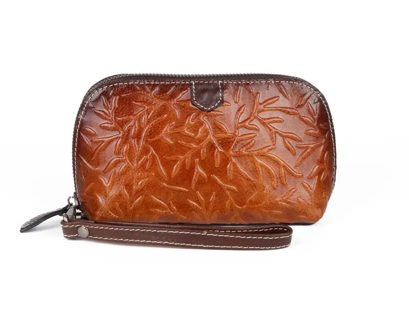 Womens Floral Red Leather Zip Around Wallets Wristlet Wallet Floral Ladies Zipper Clutch Wallet for Women