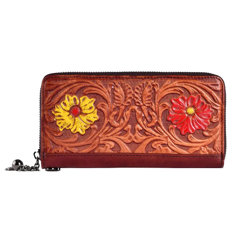 Womens Flower Coffee Leather Wristlet Wallets Zip Around Wallet Floral Ladies Zipper Clutch Wallet for Women