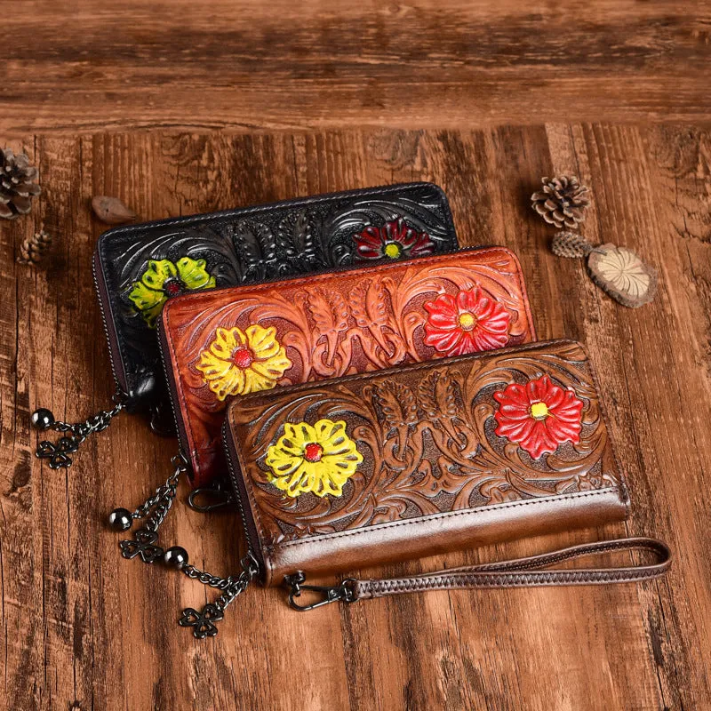 Womens Flower Leather Wristlet Wallets Zip Around Wallet Floral Ladies Zipper Clutch Wallet for Women