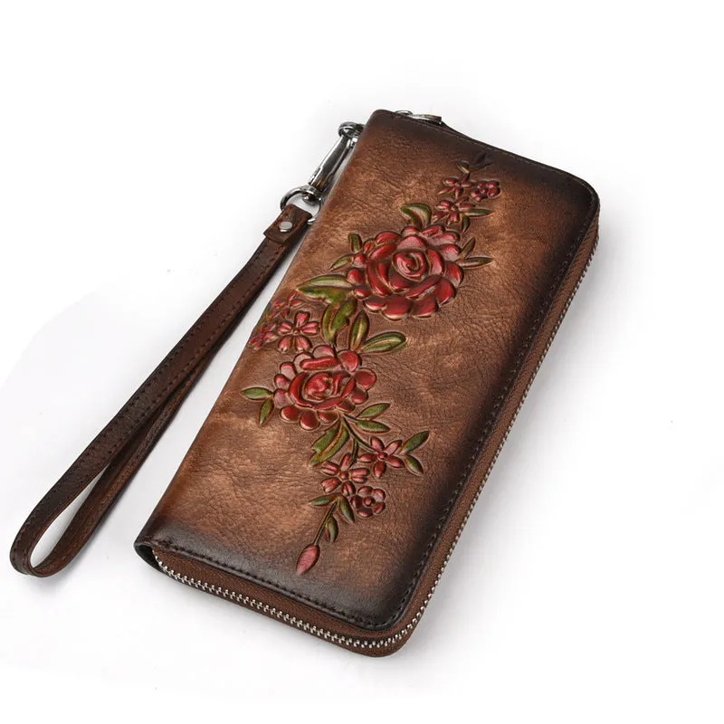 Womens Flowers Black Leather Zip Around Wallet Wristlet Wallet Floral Ladies Zipper Clutch Wallet for Women