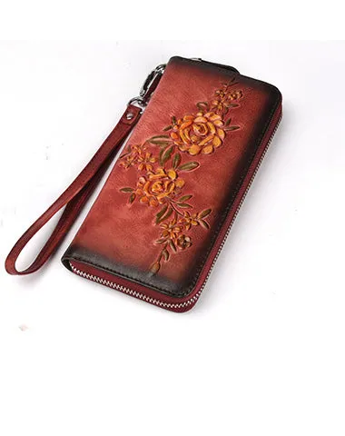Womens Flowers Black Leather Zip Around Wallet Wristlet Wallet Floral Ladies Zipper Clutch Wallet for Women