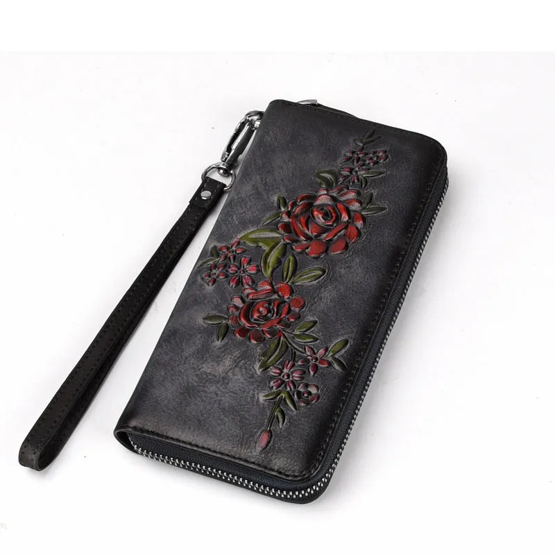 Womens Flowers Black Leather Zip Around Wallet Wristlet Wallet Floral Ladies Zipper Clutch Wallet for Women