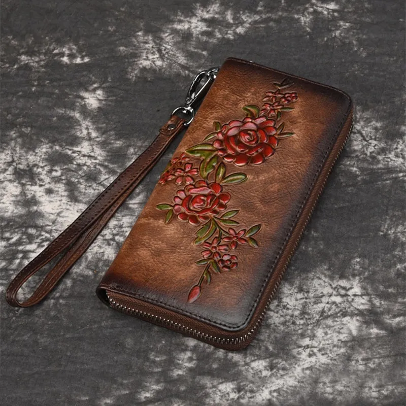 Womens Flowers Black Leather Zip Around Wallet Wristlet Wallet Floral Ladies Zipper Clutch Wallet for Women