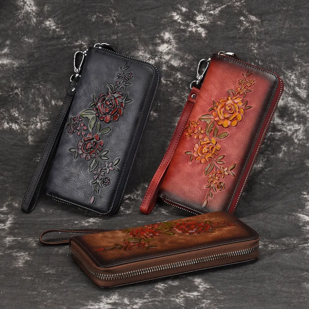 Womens Flowers Black Leather Zip Around Wallet Wristlet Wallet Floral Ladies Zipper Clutch Wallet for Women