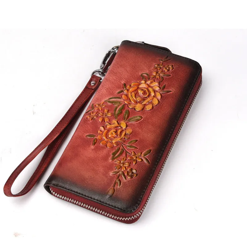 Womens Flowers Black Leather Zip Around Wallet Wristlet Wallet Floral Ladies Zipper Clutch Wallet for Women