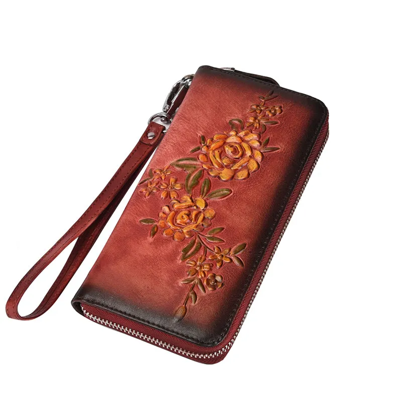 Womens Flowers Black Leather Zip Around Wallet Wristlet Wallet Floral Ladies Zipper Clutch Wallet for Women