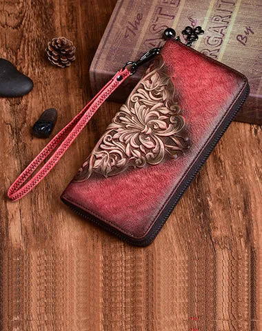 Womens Flowers Brown Leather Zip Around Wallet Wristlet Wallet Floral Ladies Zipper Clutch Wallet for Women