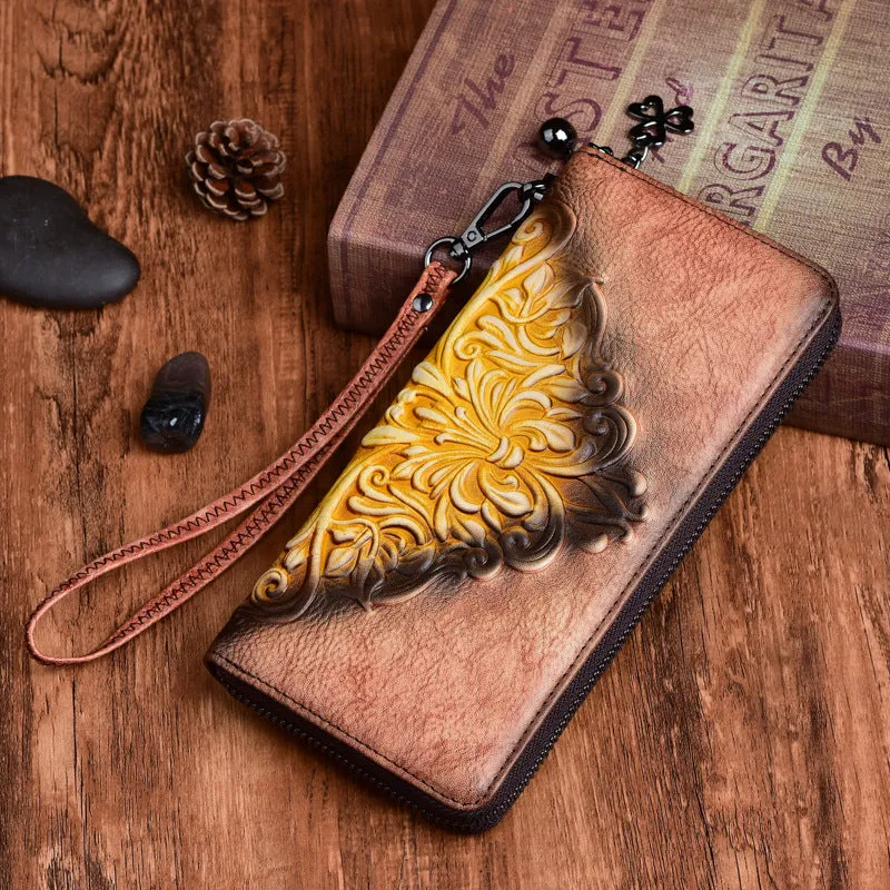 Womens Flowers Brown Leather Zip Around Wallet Wristlet Wallet Floral Ladies Zipper Clutch Wallet for Women