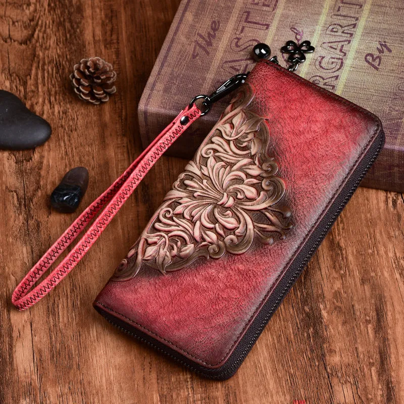 Womens Flowers Brown Leather Zip Around Wallet Wristlet Wallet Floral Ladies Zipper Clutch Wallet for Women