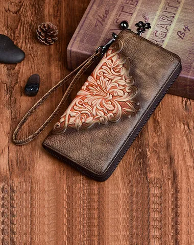 Womens Flowers Brown Leather Zip Around Wallet Wristlet Wallet Floral Ladies Zipper Clutch Wallet for Women