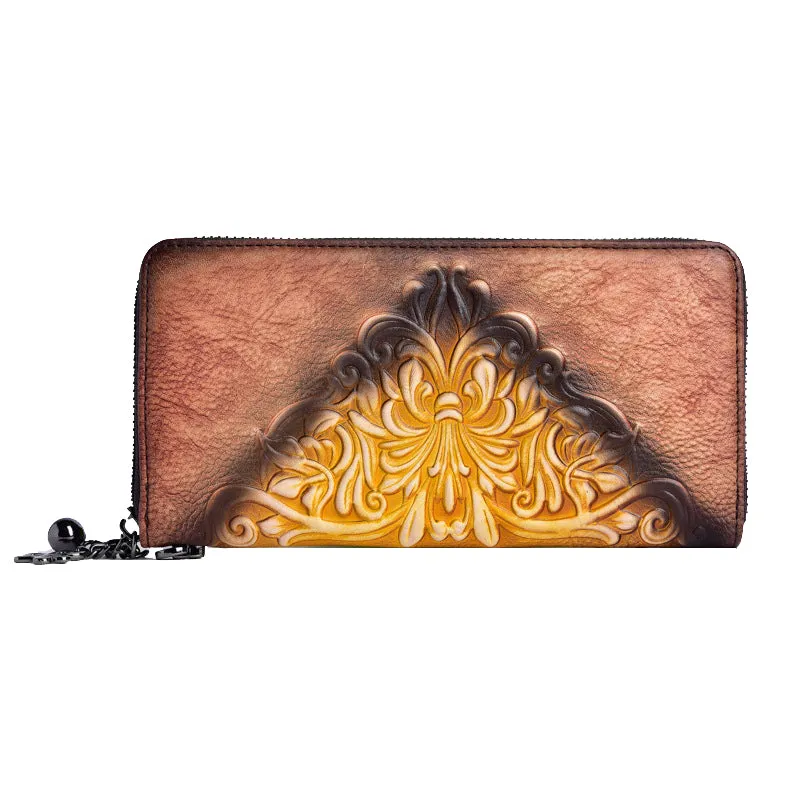 Womens Flowers Brown Leather Zip Around Wallet Wristlet Wallet Floral Ladies Zipper Clutch Wallet for Women