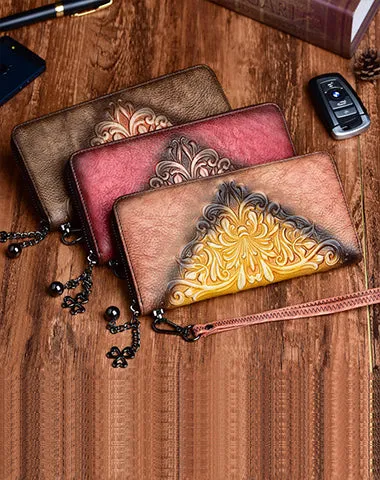 Womens Flowers Brown Leather Zip Around Wallet Wristlet Wallet Floral Ladies Zipper Clutch Wallet for Women