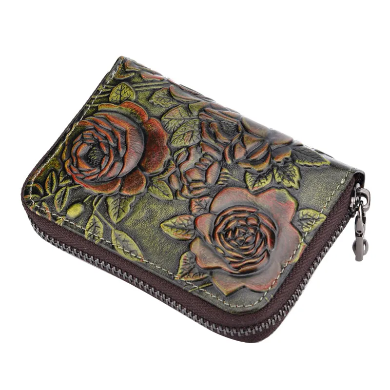 Womens Green Leather Small Zip Around Wallet Rose Billfold Wristlet Wallet Floral Ladies Zipper Small Card Wallet for Women