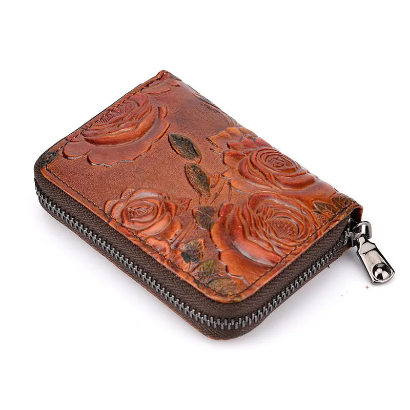 Womens Green Leather Small Zip Around Wallet Rose Billfold Wristlet Wallet Floral Ladies Zipper Small Card Wallet for Women