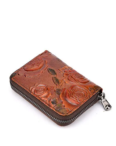 Womens Green Leather Small Zip Around Wallet Rose Billfold Wristlet Wallet Floral Ladies Zipper Small Card Wallet for Women