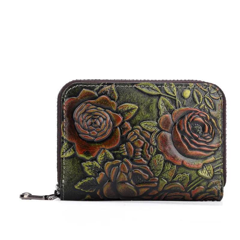 Womens Green Leather Small Zip Around Wallet Rose Billfold Wristlet Wallet Floral Ladies Zipper Small Card Wallet for Women