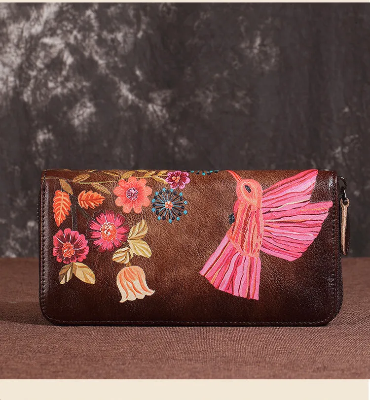 Womens Hummingbird Brown Leather Zip Around Wallet Wristlet Wallet Floral Ladies Zipper Clutch Wallet for Women