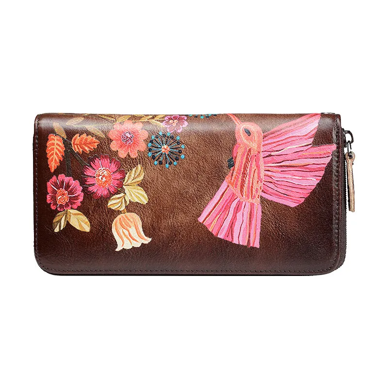 Womens Hummingbird Brown Leather Zip Around Wallet Wristlet Wallet Floral Ladies Zipper Clutch Wallet for Women