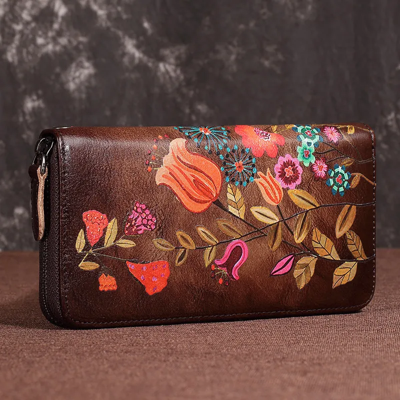 Womens Hummingbird Brown Leather Zip Around Wallet Wristlet Wallet Floral Ladies Zipper Clutch Wallet for Women