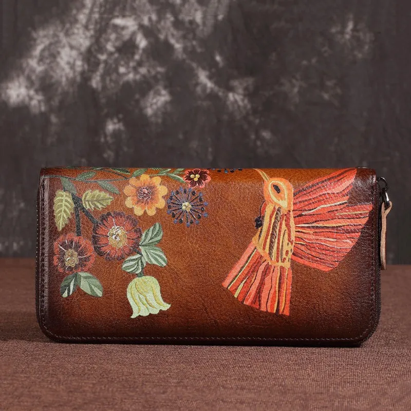 Womens Hummingbird Brown Leather Zip Around Wallet Wristlet Wallet Floral Ladies Zipper Clutch Wallet for Women