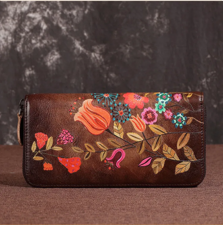 Womens Hummingbird Brown Leather Zip Around Wallet Wristlet Wallet Floral Ladies Zipper Clutch Wallet for Women