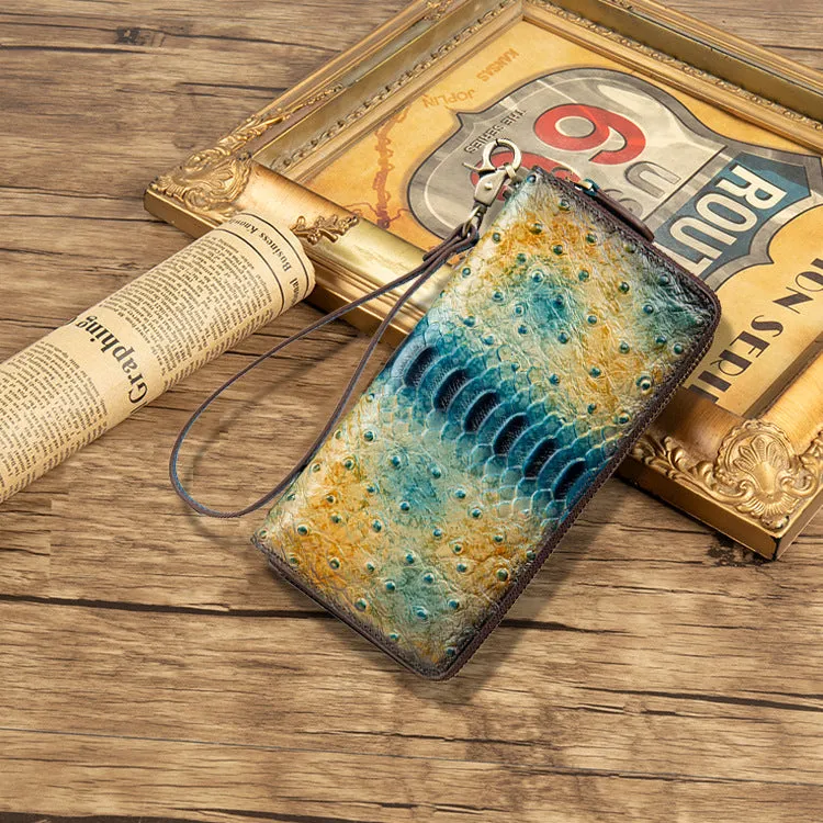 Womens Leather Zip Around Wallets Ostrich Pattern Wristlet Wallets Ladies Zipper Clutch Wallet for Women