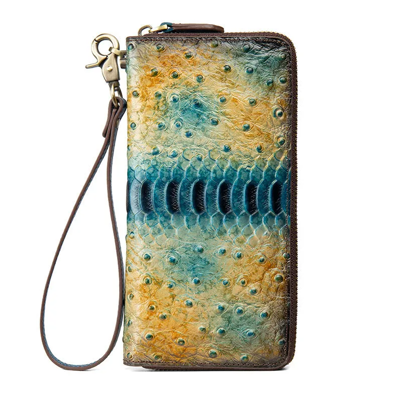 Womens Leather Zip Around Wallets Ostrich Pattern Wristlet Wallets Ladies Zipper Clutch Wallet for Women