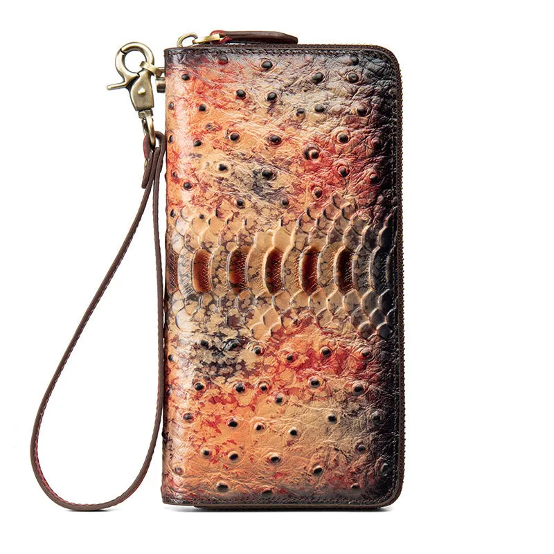 Womens Leather Zip Around Wallets Ostrich Pattern Wristlet Wallets Ladies Zipper Clutch Wallet for Women