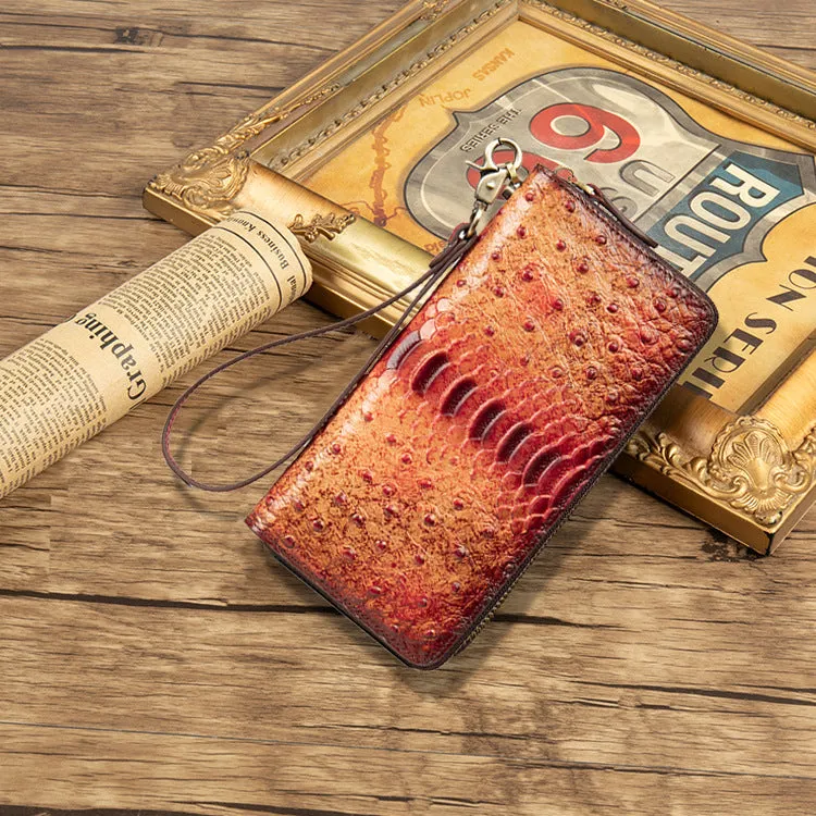 Womens Leather Zip Around Wallets Ostrich Pattern Wristlet Wallets Ladies Zipper Clutch Wallet for Women
