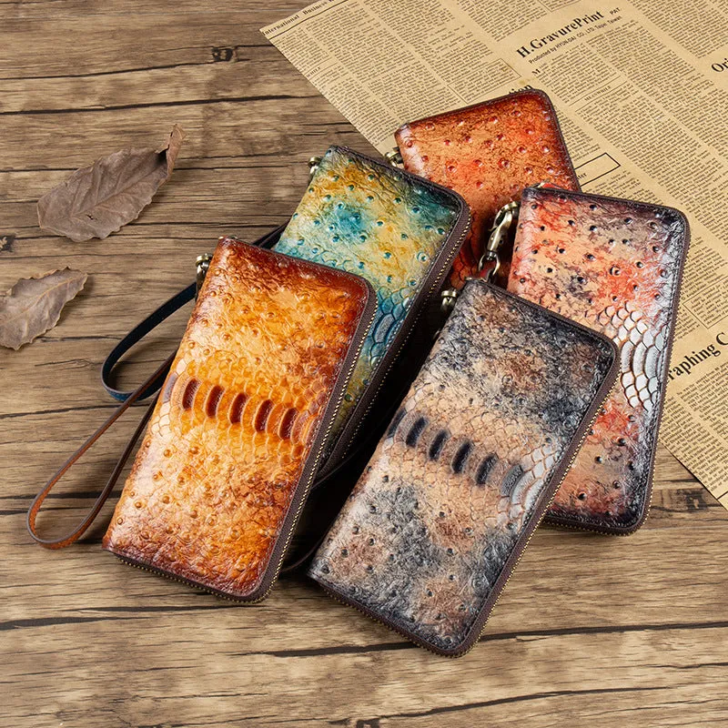 Womens Leather Zip Around Wallets Ostrich Pattern Wristlet Wallets Ladies Zipper Clutch Wallet for Women