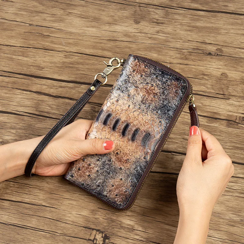 Womens Leather Zip Around Wallets Ostrich Pattern Wristlet Wallets Ladies Zipper Clutch Wallet for Women