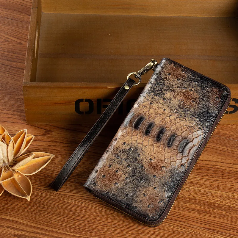 Womens Leather Zip Around Wallets Ostrich Pattern Wristlet Wallets Ladies Zipper Clutch Wallet for Women