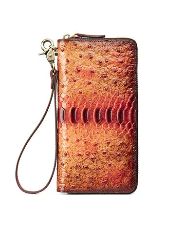 Womens Leather Zip Around Wallets Ostrich Pattern Wristlet Wallets Ladies Zipper Clutch Wallet for Women