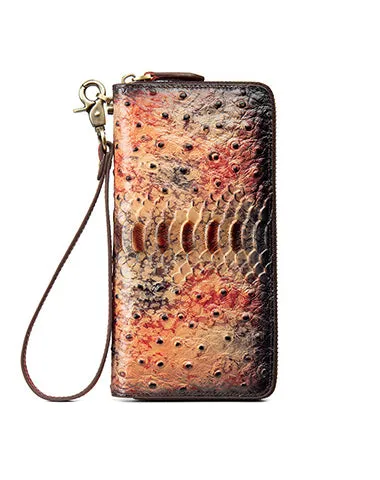 Womens Leather Zip Around Wallets Ostrich Pattern Wristlet Wallets Ladies Zipper Clutch Wallet for Women