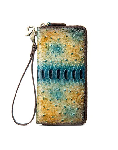 Womens Leather Zip Around Wallets Ostrich Pattern Wristlet Wallets Ladies Zipper Clutch Wallet for Women