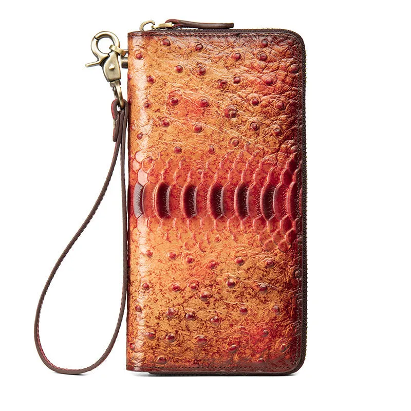 Womens Leather Zip Around Wallets Ostrich Pattern Wristlet Wallets Ladies Zipper Clutch Wallet for Women