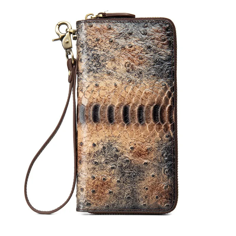 Womens Leather Zip Around Wallets Ostrich Pattern Wristlet Wallets Ladies Zipper Clutch Wallet for Women