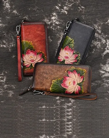 Womens Lotus Flower Black Leather Zip Around Wallet Wristlet Wallet Flower Ladies Zipper Clutch Wallet for Women